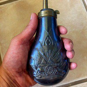 Vintage Brass Gunmetal Powder Flask Made in USA Rifles Flags Cannon Anchors War